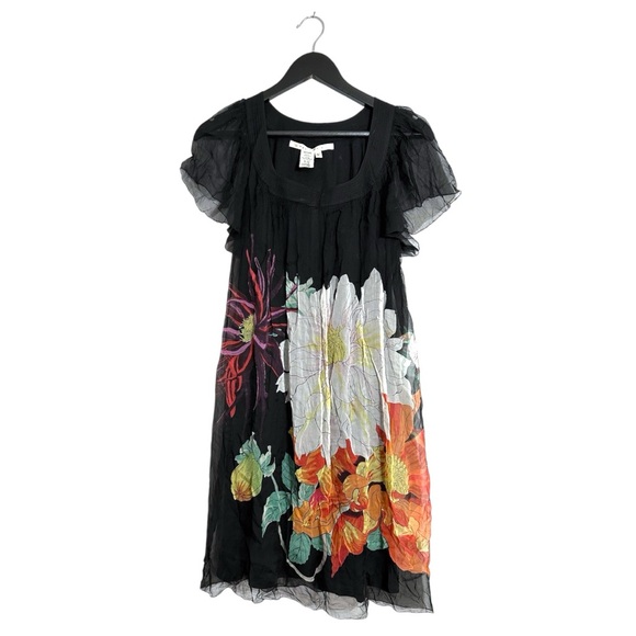 Max Studio Dresses & Skirts - Max Studio Black Babydoll Floral Silk-Blend Flutter Sleeve Dress Size Large